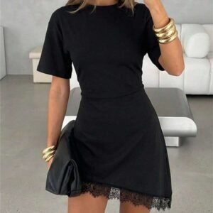 Aloruh Women's Elegant Round Neck Asymmetrical Hem Lace Patchwork Waist-Cinched Short Sleeve Mini Dress