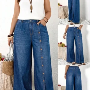 NEWEMERY ROSE EMERY ROSE Plus Size Women's Casual Versatile Daily Wear Denim Jeans With Pockets,Vacation Casual Wide Leg Denim Pants, Country Concert Outfit,Beach,Summer,Fall