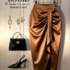 NEWGlowEve CURVE Women's Plus Size Solid Caramel Brown Satin Skirt, High Waist Pleated Slit Bodycon Skirt, Elegant & Sophisticated, Versatile For Daily Wear, Commuting, Dating, Holiday, Summer New Arrival