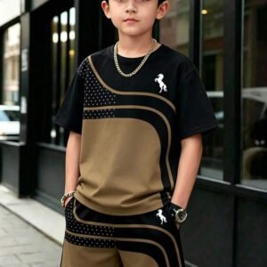 2pcs Boys Spring/Summer Striped Polka Dot Horse Print Casual Sports Short Sleeve Crew Neck T-Shirt + Pocket Shorts Set