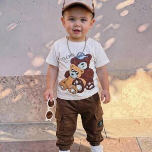 Cozy Pixies Baby Boys Cartoon Bear Print Short Sleeve Polo Shirt And Casual Loose Fit Pants 2 Pieces Set, Comfortable And Versatile For Spring/Summer