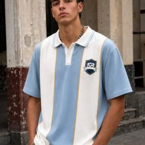 FRACTYR Men's Summer Casual Colorblock Vertical Striped Football Badge Polo Short Sleeve American Vintage Washed Drop Shoulder Pullover Plaid Shirt, Comfortable Breathable Suitable For Outdoor Wear, Retro Letter Casual T-Shirt Versatile Short Sleeve