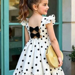 Elladie Kids Girls' Elegant Polka Dot Print Round Neck Flutter Sleeve Back 3D Bow Waist-Cinching Ruffle Fashion Dress Travel White Birthday Girl Princess