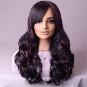 Ladies 24-Inch Wavy Curly Wig, Black and Burgundy Mix, Side Bangs Design, Big Wavy Curls, Heat-Resistant Fiber, Suitable for Daily Wear and Parties