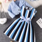 Girls' Autumn Two-Piece Set, Three-Dimensional Floral V-Neck Long-Sleeved Jacket, Striped Vest Dress, Easy And Fashionable Choice, Very Suitable for Daily Leisure, Outdoor Play, Party Parties And Other Special Occasions, for Outdoor
