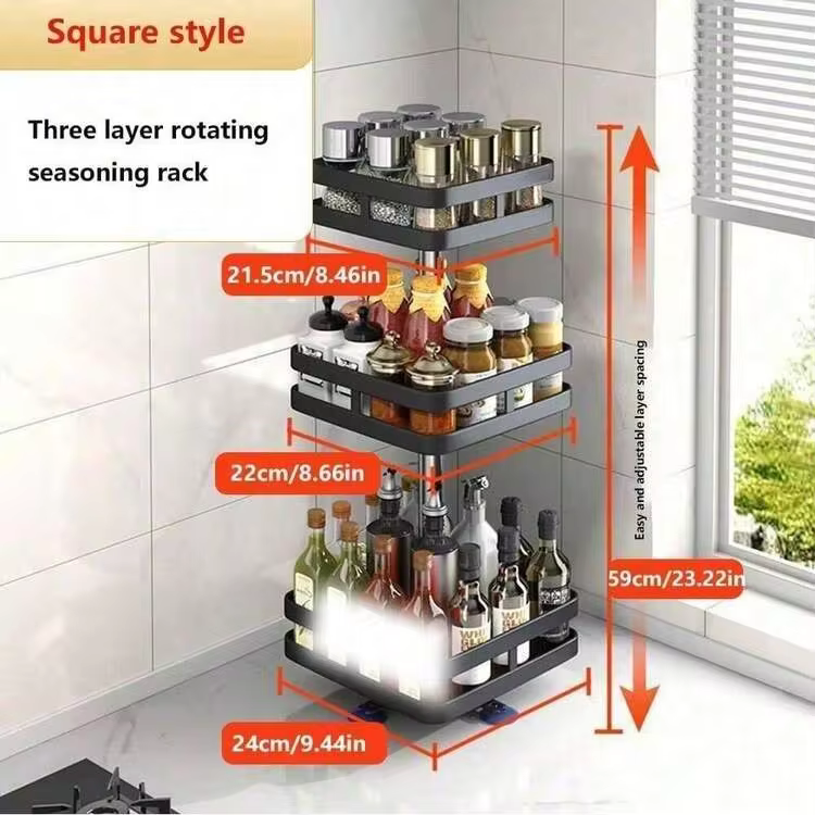 1Pc 360° Rotating Kitchen Spice Rack, Seasoning Organizer For Oil, Salt, Sauce & Vinegar, Multifunctional Rotating Storage Rack, Round/Square With Suction Cup & Stable Tray, Perfect For Kitchen, Bathroom & Home Storage - Image 2