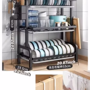 1pc Large 3-Tier Kitchen Rack With Quick Drainage, Knife & Fork Holder, Cutting Board Rack, Multi-Function Tabletop Utensil Organizer For Bowls & Dishes, Stylish Metal Rack, Durable Kitchen Supplies, Kitchen Storage Rack