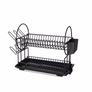 2-Tier Black Kitchen Dish Rack With Automatic Drainage, Rust-Proof, Cutlery Holder & Dish Drying Rack, Space-Saving Kitchen Storage Shelf