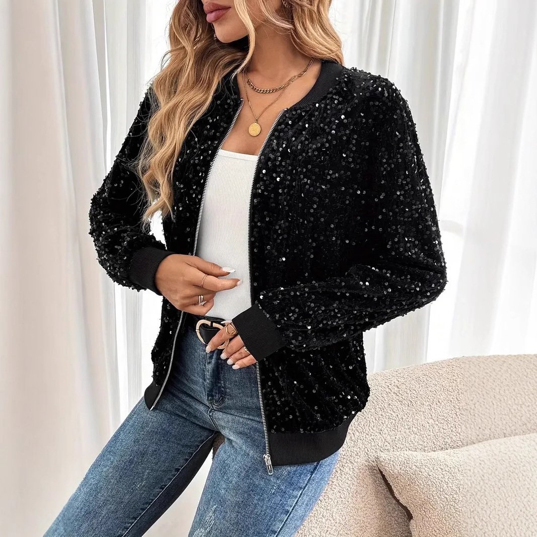 Womens Stylish Cropped Sequin Casual Jacket - Image 2