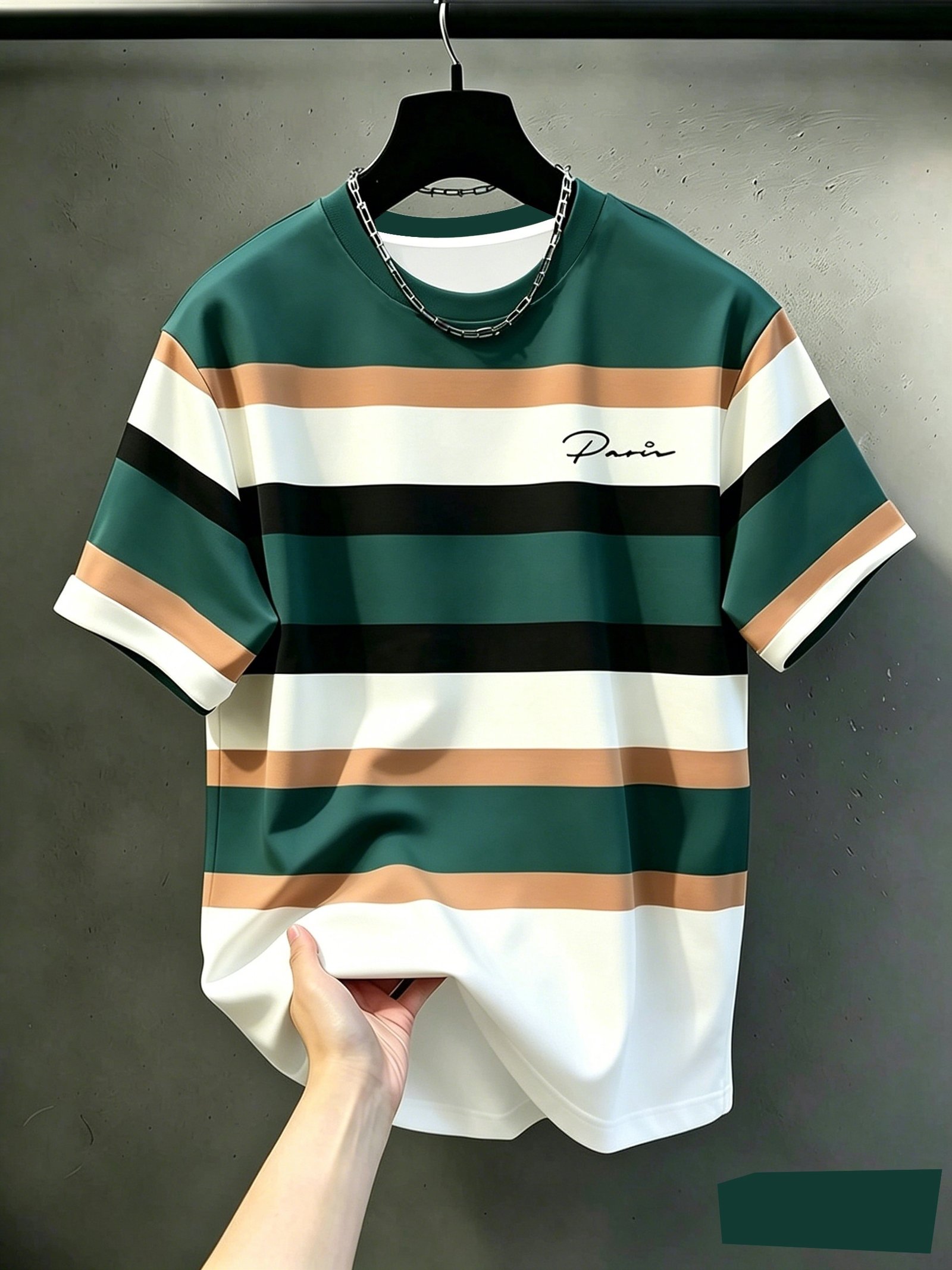 Men's Casual Crew Neck T-Shirt, Striped Contrast Color Pattern, Draping Fashion Top, All-Season Wear, Breathable Regular Fit for Daily and Formal Outfits - Crew Neck Casual Top, Comfortable to Wear, Gift for Teens and Adults, Outdoor Activity Shirt