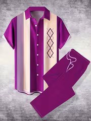 Men's Summer Casual Striped Geometric Pattern Short Sleeve Shirt + Pants Trendy Retro Two-Piece Set - Image 8