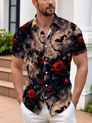 Men'S Fashion Rose Print Short Sleeve Shirt - Black Hawaiian Casual Button-Up, Unique Floral Design, Casual Shirt, Lightweight Shirt - Image 3