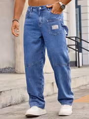 Men's Multi-Pocket Casual Jeans- Loose Fit Blue Jeans with Utility Multi-Pocket & Strap Detail, Comfortable Casual Wear for Daily, Street, and Outdoor, All-season Comfort - Image 3