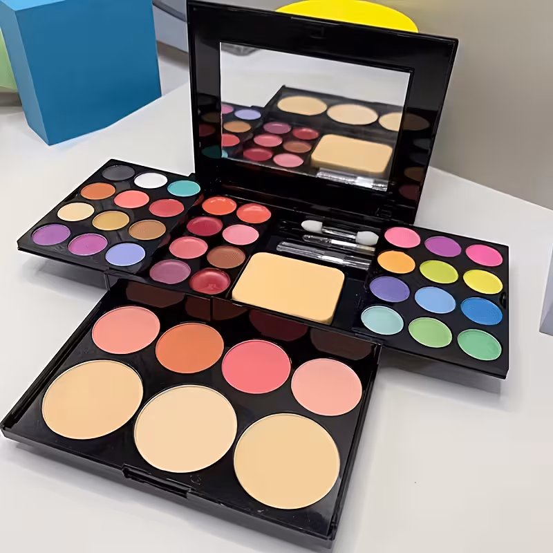 39-Color Makeup Kit: 24 Eyeshadows + 4 Blushes + 3 Powders + 8 Lip Glosses + Dual-Ended Brush + Eyeshadow Brush + Powder Puff Set, Full-Face Multifunctional Makeup Palette for Beginners, Nude Makeup Kit for Stage Performances, Waterproof & Sweatproof