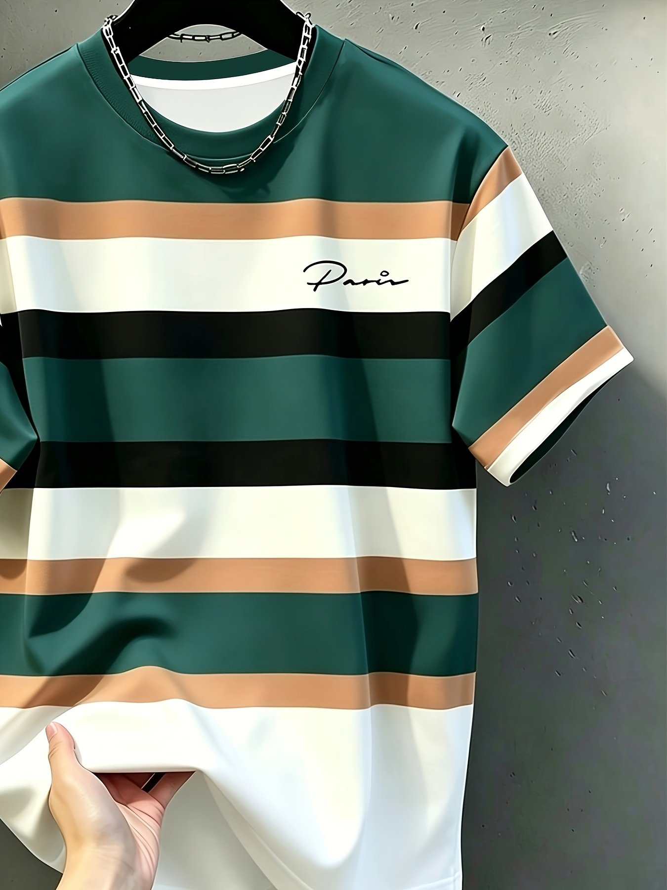 Men's Casual Crew Neck T-Shirt, Striped Contrast Color Pattern, Draping Fashion Top, All-Season Wear, Breathable Regular Fit for Daily and Formal Outfits - Crew Neck Casual Top, Comfortable to Wear, Gift for Teens and Adults, Outdoor Activity Shirt - Image 2