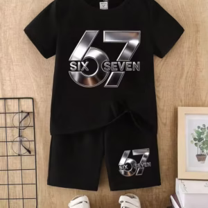 2pcs/Set Toddler Boys' Casual Chic Metallic Digit 67 & Letter Print Short Sleeve T-Shirt And Shorts, Comfortable Daily Outfit For Spring, Summer