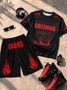 2pcs/Set Tween Boy Black Summer Casual Streetwear City Break Fashionable Metal Texture Digit 67 Letter Slogan Graphic Print Relaxed T-Shirt&Shorts - Image 12