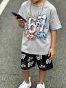 2pcs/Set Tween Boy Black Summer Casual Streetwear City Break Fashionable Metal Texture Digit 67 Letter Slogan Graphic Print Relaxed T-Shirt&Shorts - Image 2