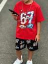 2pcs/Set Tween Boy Black Summer Casual Streetwear City Break Fashionable Metal Texture Digit 67 Letter Slogan Graphic Print Relaxed T-Shirt&Shorts - Image 3