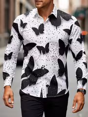 Men'S Fashionable Butterfly Print Long Sleeve Shirt Trendy Polka Dot Pattern Casual Versatile Top Stylish Artistic Men'S Blouse - Image 3