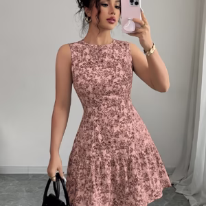 Women'S Elegant Floral Round Neck Waist-Cinching Sleeveless Dress Suitable for Dates, Parties, Gatherings, And Commuting