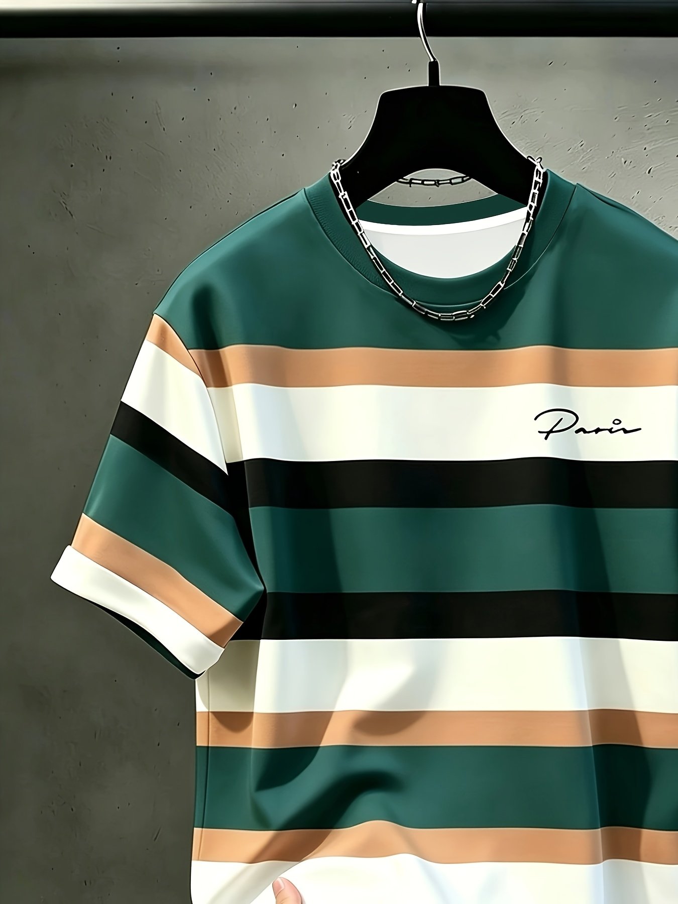 Men's Casual Crew Neck T-Shirt, Striped Contrast Color Pattern, Draping Fashion Top, All-Season Wear, Breathable Regular Fit for Daily and Formal Outfits - Crew Neck Casual Top, Comfortable to Wear, Gift for Teens and Adults, Outdoor Activity Shirt - Image 3