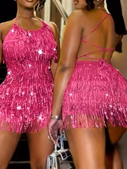2026 New Carnival Carnival Sexy Hot Nightclub Style Multi-Layer Tassel Beaded Thin Strap Cross-Back High Elasticity Bodycon Jumpsuit Dress, Suitable for Valentine'S Day Halloween Christmas Holiday Party Dance Performance and Latin Dance Street Dance - Image 9