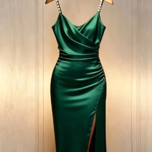 Satin Pearl Camisole Dress, Light Luxury Pleated Slit Hip-Hugging Midi Dress, Socialite Style Banquet Gown