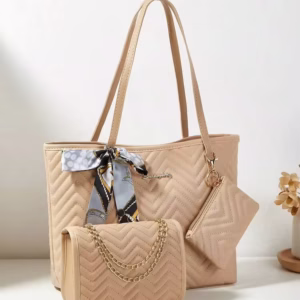 3pcs/Set Women Scarf, Tote Bag, Chain Shoulder Bag, Coin Purse Combo, Quilted Bag, Large Capacity, Waterproof, Lightweight, Portable,