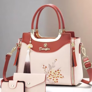 3pcs Set Women's Handbag With Elegant Geometric Print, Faux Leather Material, Including Clutch And Scarf