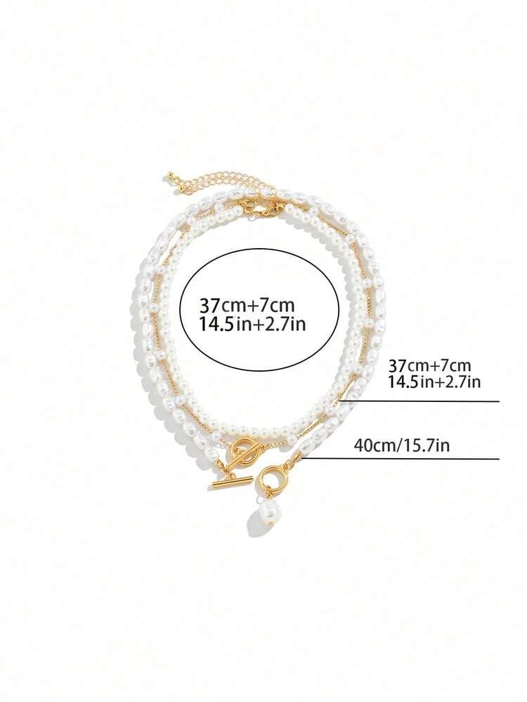 3pcs Vintage Asymmetrical Faux Pearl Pendant Geometric Hollow Out Beaded Necklace Set For Casual & Holiday Attire Elegant Women's Charms Jewelry - Image 2