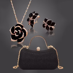 Women'S Evening Clutch Fashion Versatile Luxurious Large Capacity Handheld Evening Bag Chain Dress Bag Party Bag Rhinestone Camellia Necklace Earrings 3pcs Set