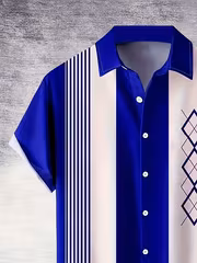 Men's Summer Casual Striped Geometric Pattern Short Sleeve Shirt + Pants Trendy Retro Two-Piece Set - Image 4