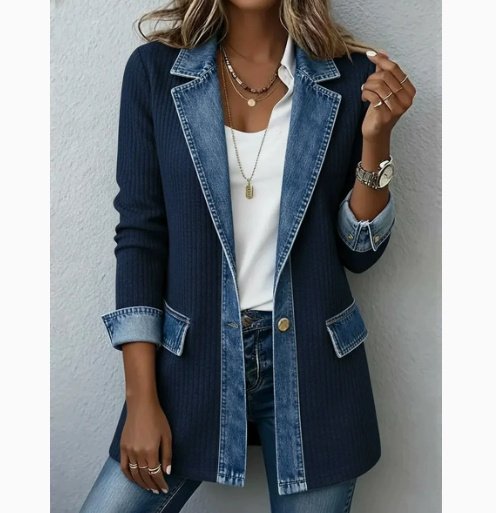 Womens Casual Denim Patchwork Ribbed Lapel Jacket Suit - Image 3