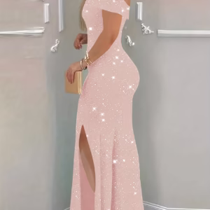 Elegant Off-Shoulder Sequin Party Dress - Long, Asymmetrical Hem, Glittery Pink Fabric, Perfect for Formal Events & Special Occasions, Celebration Wear, Sophisticated Craftsmanship