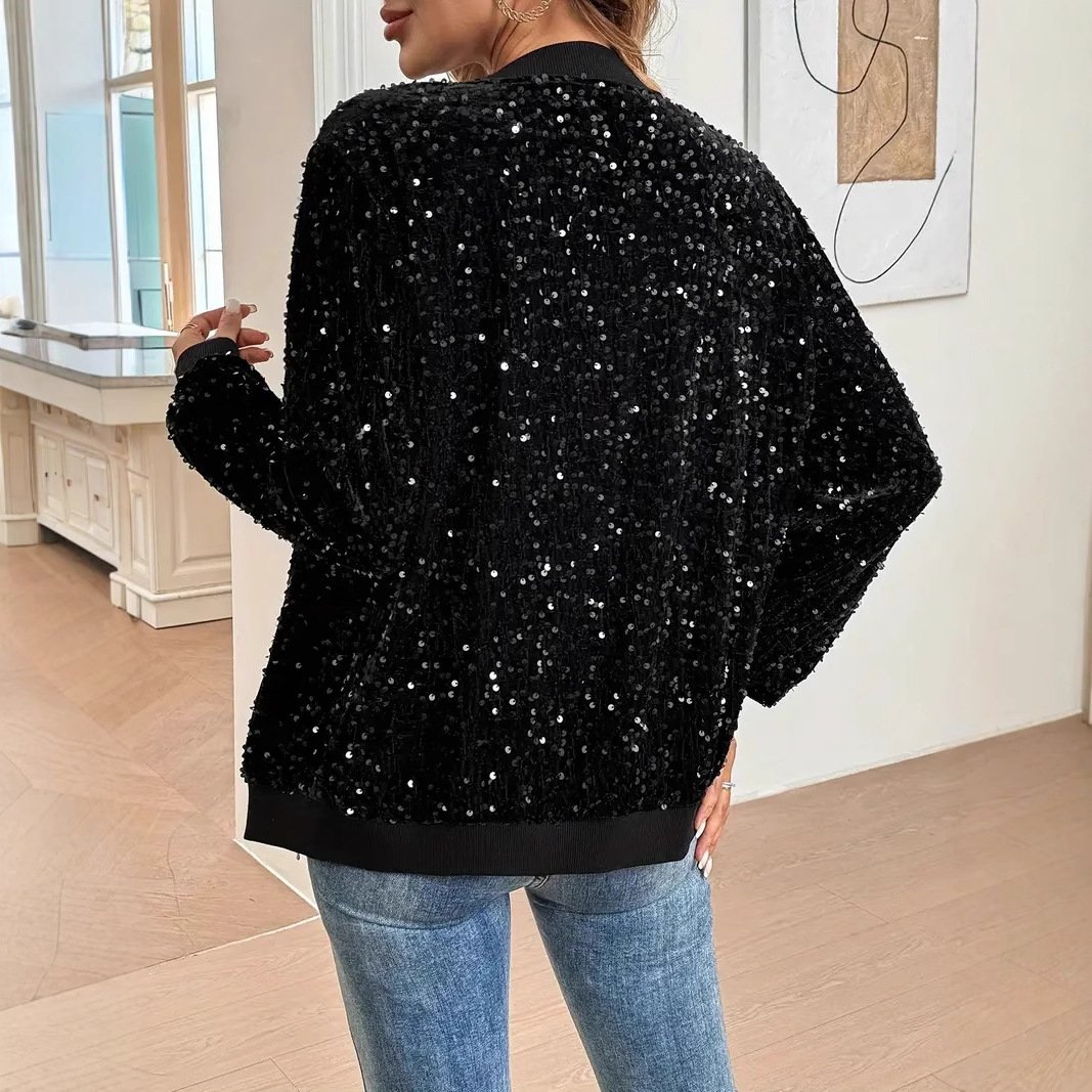 Womens Stylish Cropped Sequin Casual Jacket - Image 5