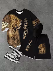 Boys' Summer Set, Fashionable Lion and Letter Print Pattern, Teenagers' Fashionable Shorts Set, Short Sleeved T-shirt and Loose Shorts 2pcs Set, Daily Wear, Comfortable Youngsters's Casual Outdoor Set, Perfect for Outdoor, for Teenager - Image 4