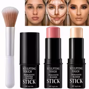 3pcs Face Makeup Set (Blush Stick, Highlighter Stick, And Makeup Brush) Cream Texture, Matte Waterproof Sweatproof Transfer-Proof, All-Day Long Lasting, Natural Pearl Glow, Easy Blending for Stereo Facial Look, Gift Makeup Set Gift for Women - Image 2