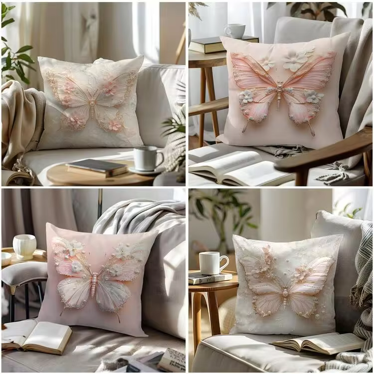 4pcs Faux 3D Pink & White Butterfly Floral Pearl Decorative Pillow Covers (Flat Printed Pattern, Not Embossed), Single-Sided Soft Peach Velvet Material, 45*45/50*50/40*40CM Cushion Covers For Indoor Decor, Party, Gift
