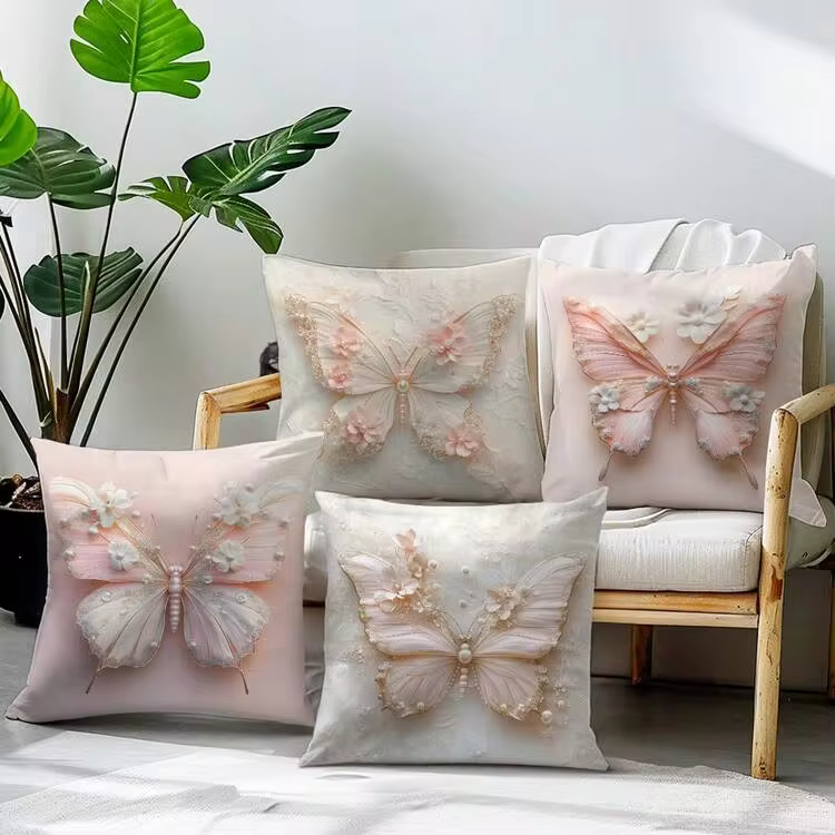 4pcs Faux 3D Pink & White Butterfly Floral Pearl Decorative Pillow Covers (Flat Printed Pattern, Not Embossed), Single-Sided Soft Peach Velvet Material, 45*45/50*50/40*40CM Cushion Covers For Indoor Decor, Party, Gift - Image 10