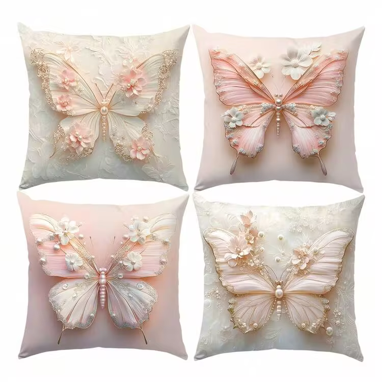 4pcs Faux 3D Pink & White Butterfly Floral Pearl Decorative Pillow Covers (Flat Printed Pattern, Not Embossed), Single-Sided Soft Peach Velvet Material, 45*45/50*50/40*40CM Cushion Covers For Indoor Decor, Party, Gift - Image 2