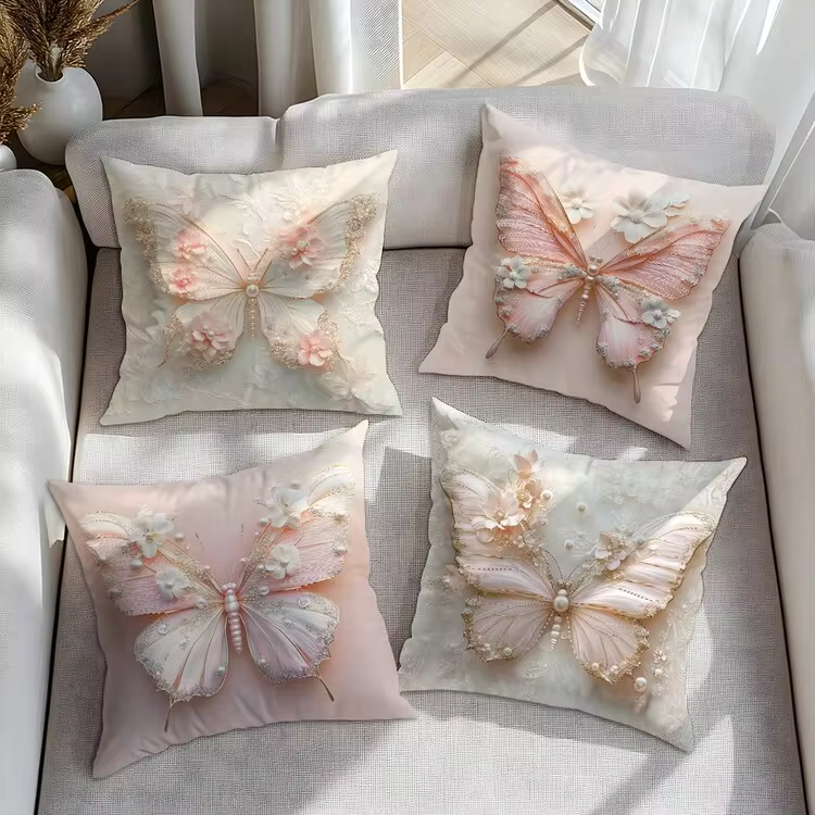 4pcs Faux 3D Pink & White Butterfly Floral Pearl Decorative Pillow Covers (Flat Printed Pattern, Not Embossed), Single-Sided Soft Peach Velvet Material, 45*45/50*50/40*40CM Cushion Covers For Indoor Decor, Party, Gift - Image 4