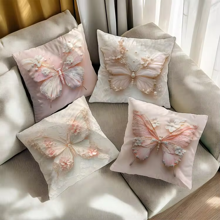 4pcs Faux 3D Pink & White Butterfly Floral Pearl Decorative Pillow Covers (Flat Printed Pattern, Not Embossed), Single-Sided Soft Peach Velvet Material, 45*45/50*50/40*40CM Cushion Covers For Indoor Decor, Party, Gift - Image 5