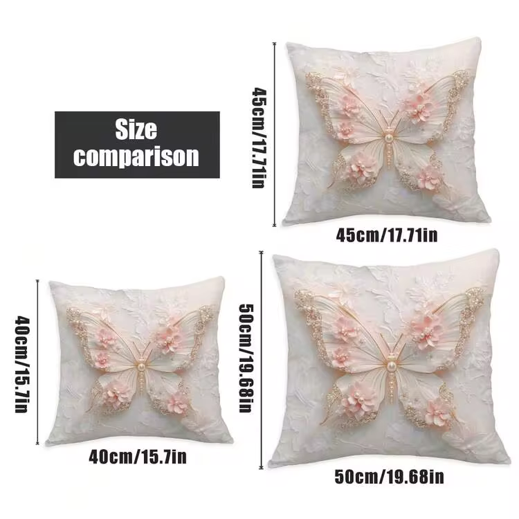 4pcs Faux 3D Pink & White Butterfly Floral Pearl Decorative Pillow Covers (Flat Printed Pattern, Not Embossed), Single-Sided Soft Peach Velvet Material, 45*45/50*50/40*40CM Cushion Covers For Indoor Decor, Party, Gift - Image 6