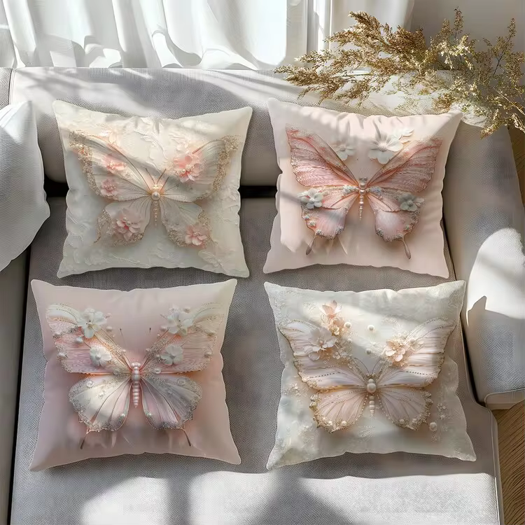 4pcs Faux 3D Pink & White Butterfly Floral Pearl Decorative Pillow Covers (Flat Printed Pattern, Not Embossed), Single-Sided Soft Peach Velvet Material, 45*45/50*50/40*40CM Cushion Covers For Indoor Decor, Party, Gift - Image 8