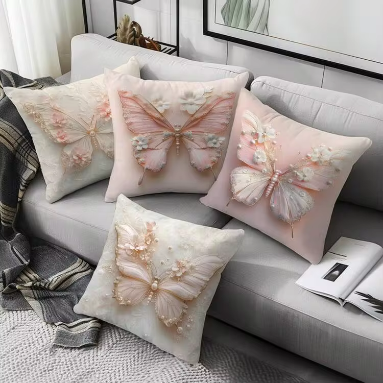 4pcs Faux 3D Pink & White Butterfly Floral Pearl Decorative Pillow Covers (Flat Printed Pattern, Not Embossed), Single-Sided Soft Peach Velvet Material, 45*45/50*50/40*40CM Cushion Covers For Indoor Decor, Party, Gift - Image 9