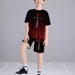 6pcs Boys' Paris-Inspired 3D Print T-Shirt & Shorts Set - with Paris Lettering, Red Accents, Regular Fit Casual Summer Outfit for Outdoor Sports & Casual Attire, Comfortable Clothing, Perfect For Outdoor