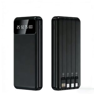 Fast charging 20000mAh portable power bank. Equipped with an LED power display. Compatible with smartphones and various other devices. Large capacity, suitable for outdoor use. Brand new model. Built-in Type-C and Apple charging cables.