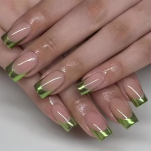 Upgrade your style with this 24pcs square-shaped nail set featuring versatile European-style nude green false nails, detachable extensions, jelly glue, and a nail file