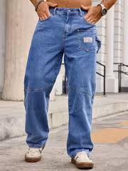Men's Multi-Pocket Casual Jeans- Loose Fit Blue Jeans with Utility Multi-Pocket & Strap Detail, Comfortable Casual Wear for Daily, Street, and Outdoor, All-season Comfort - Image 2